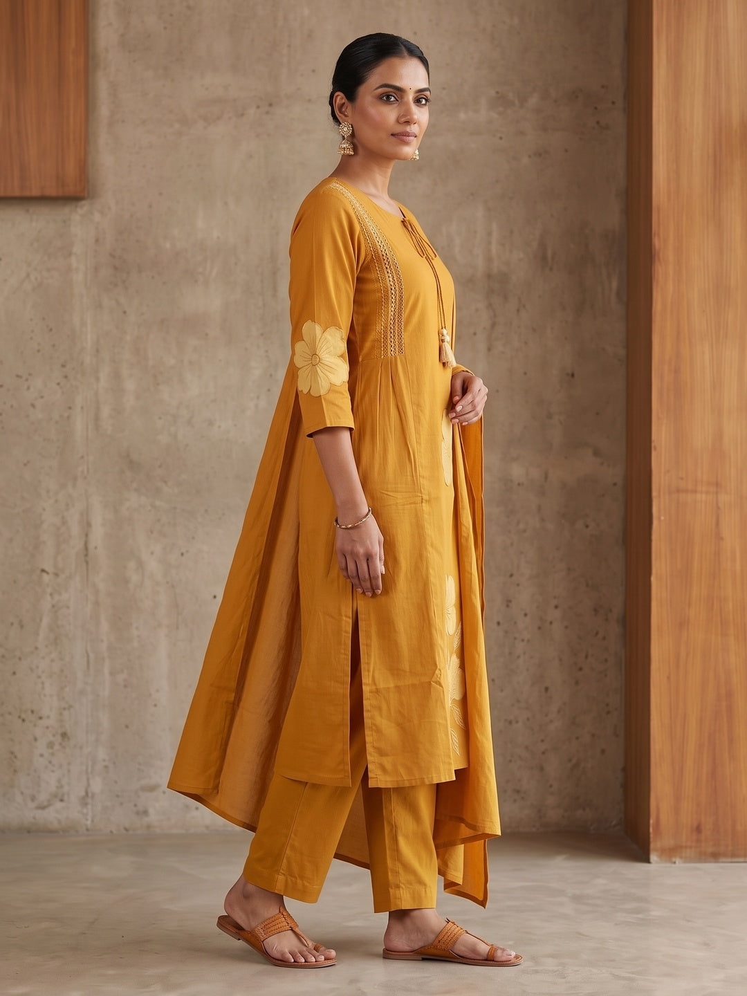 Peachmode Yellow Pure Cotton Floral Embroidered Salwar Suit Set - Image 4