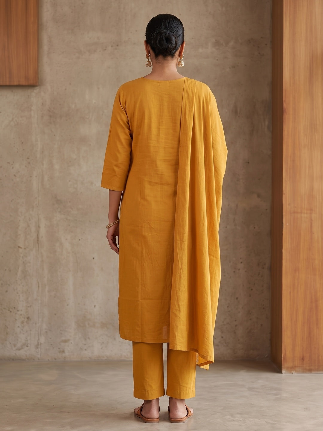 Peachmode Yellow Pure Cotton Floral Embroidered Salwar Suit Set - Image 5