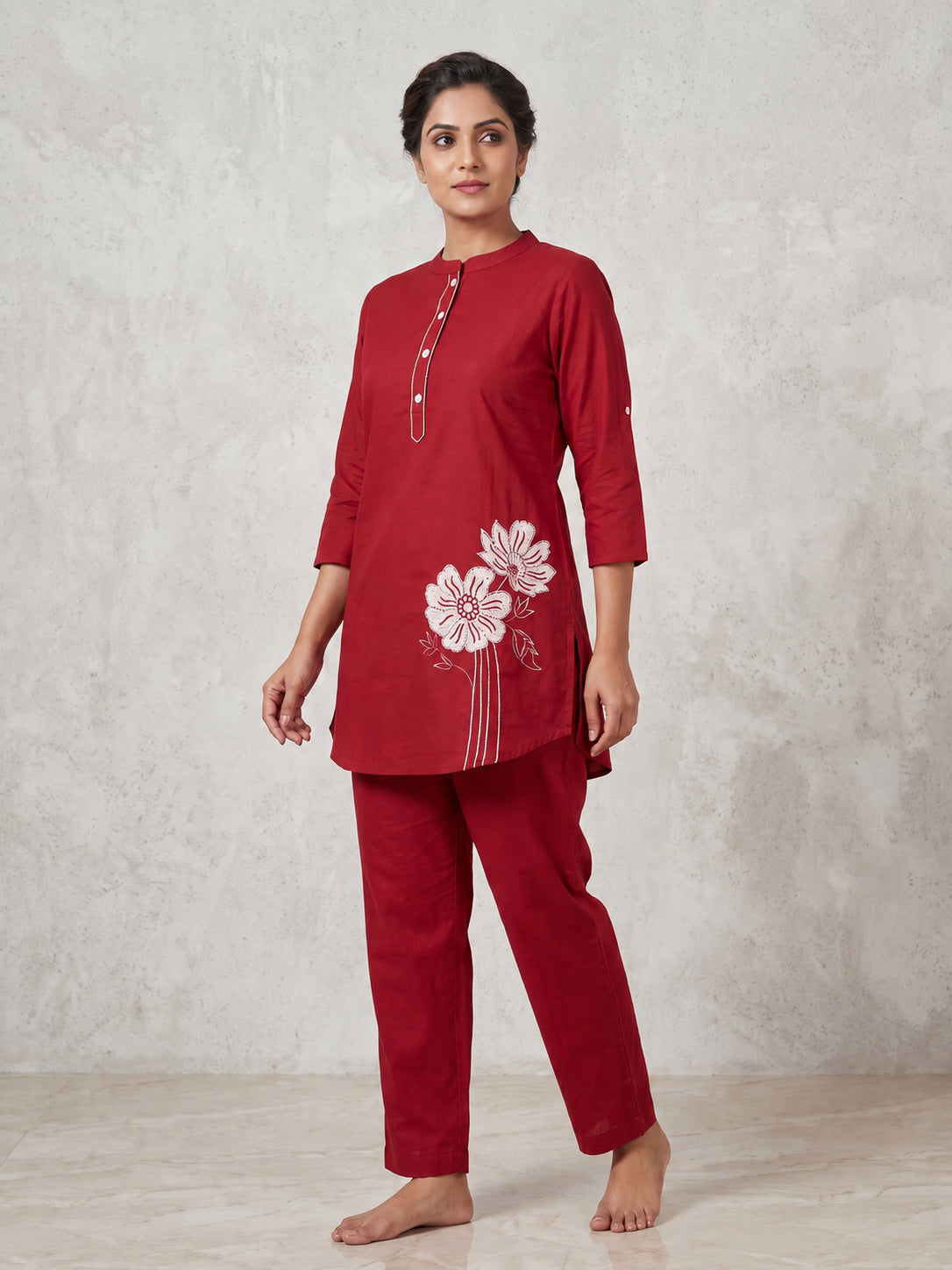 Peachmode Red Pure Cotton Floral Embroidered Co-ord Set - Image 1
