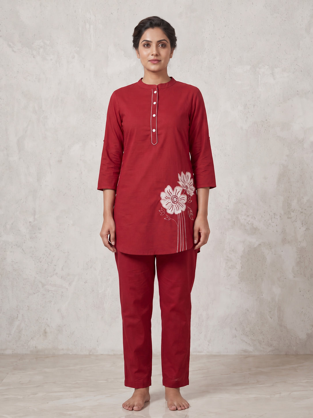 Peachmode Red Pure Cotton Floral Embroidered Co-ord Set - Image 2