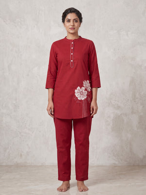 Peachmode Red Pure Cotton Floral Embroidered Co-ord Set - Image 2
