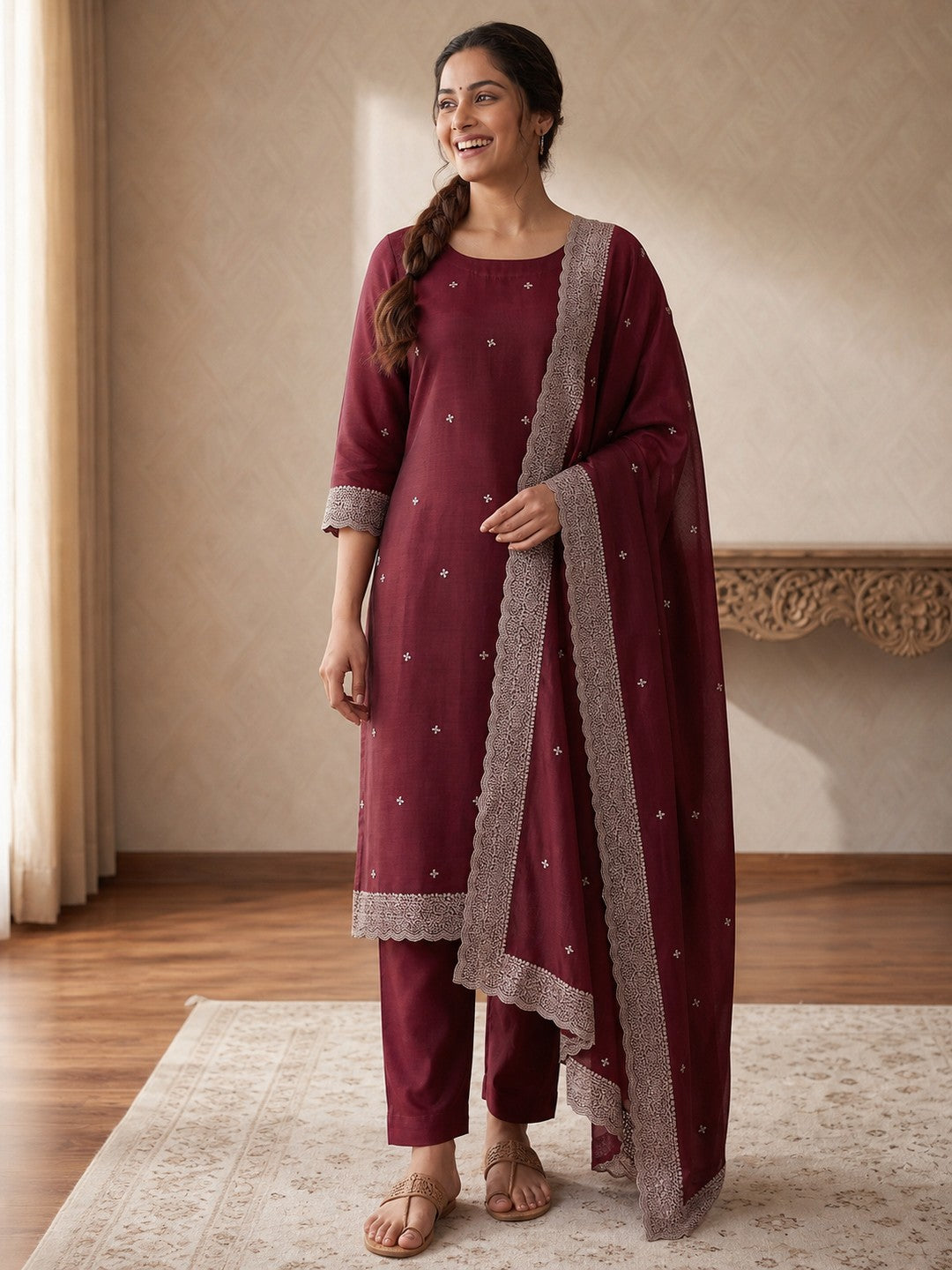 Peachmode Maroon Embroidered Vichitra Silk Dress Material - Image 1