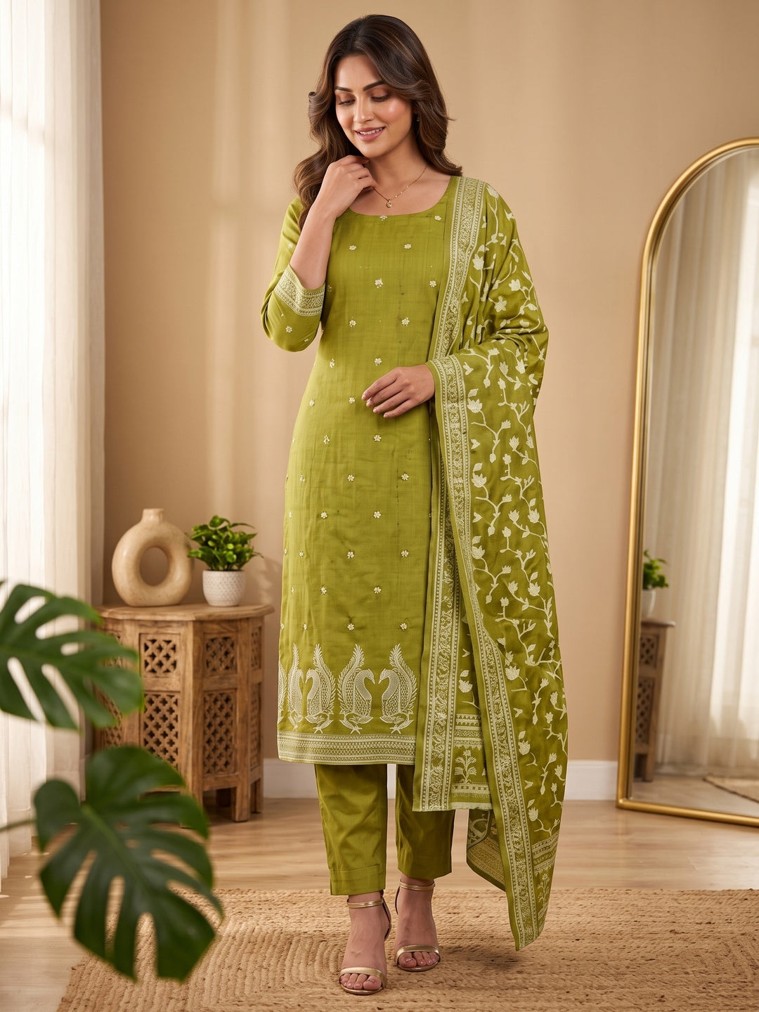 Peachmode Olive Cotton Dress Material with Ethnic Motifs - Image 6