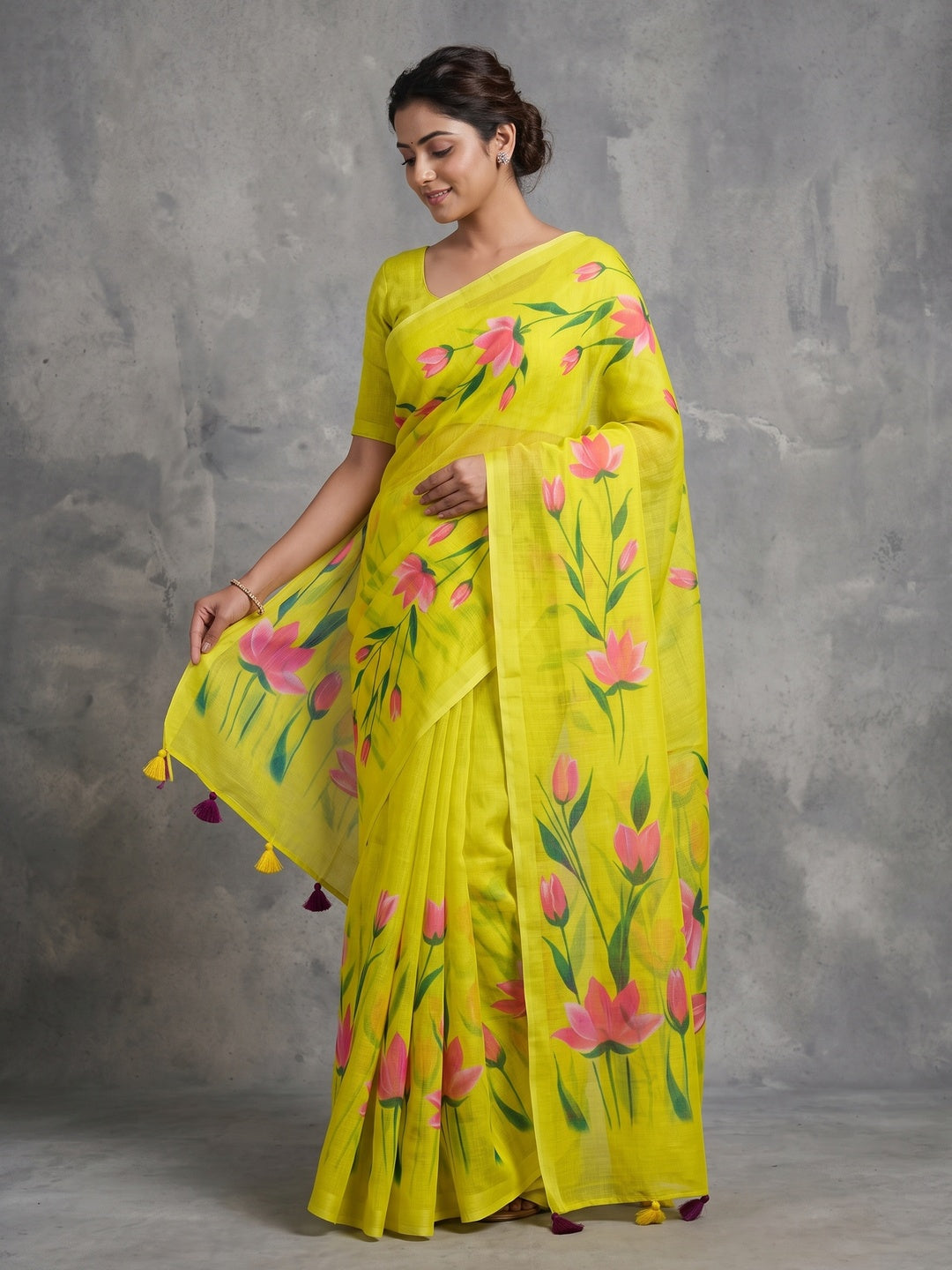 Peachmode Lime Green Floral Linen Cotton Saree - Image 1