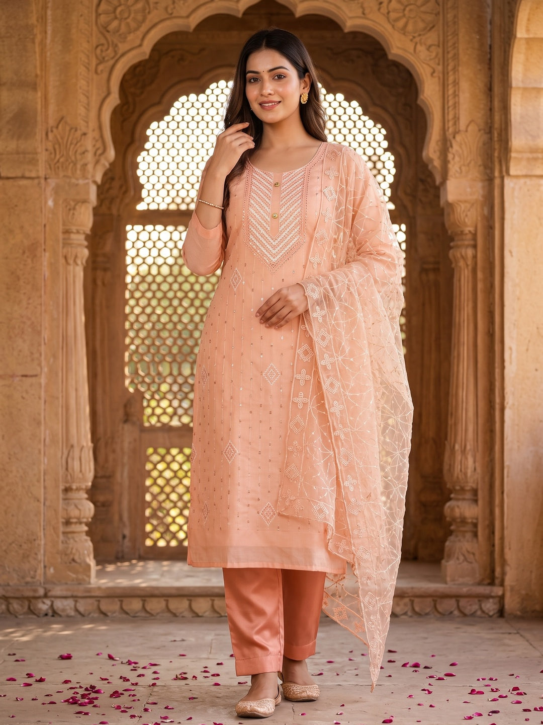 Peach Sequins Embroidered Chanderi Dress Material - Image 4