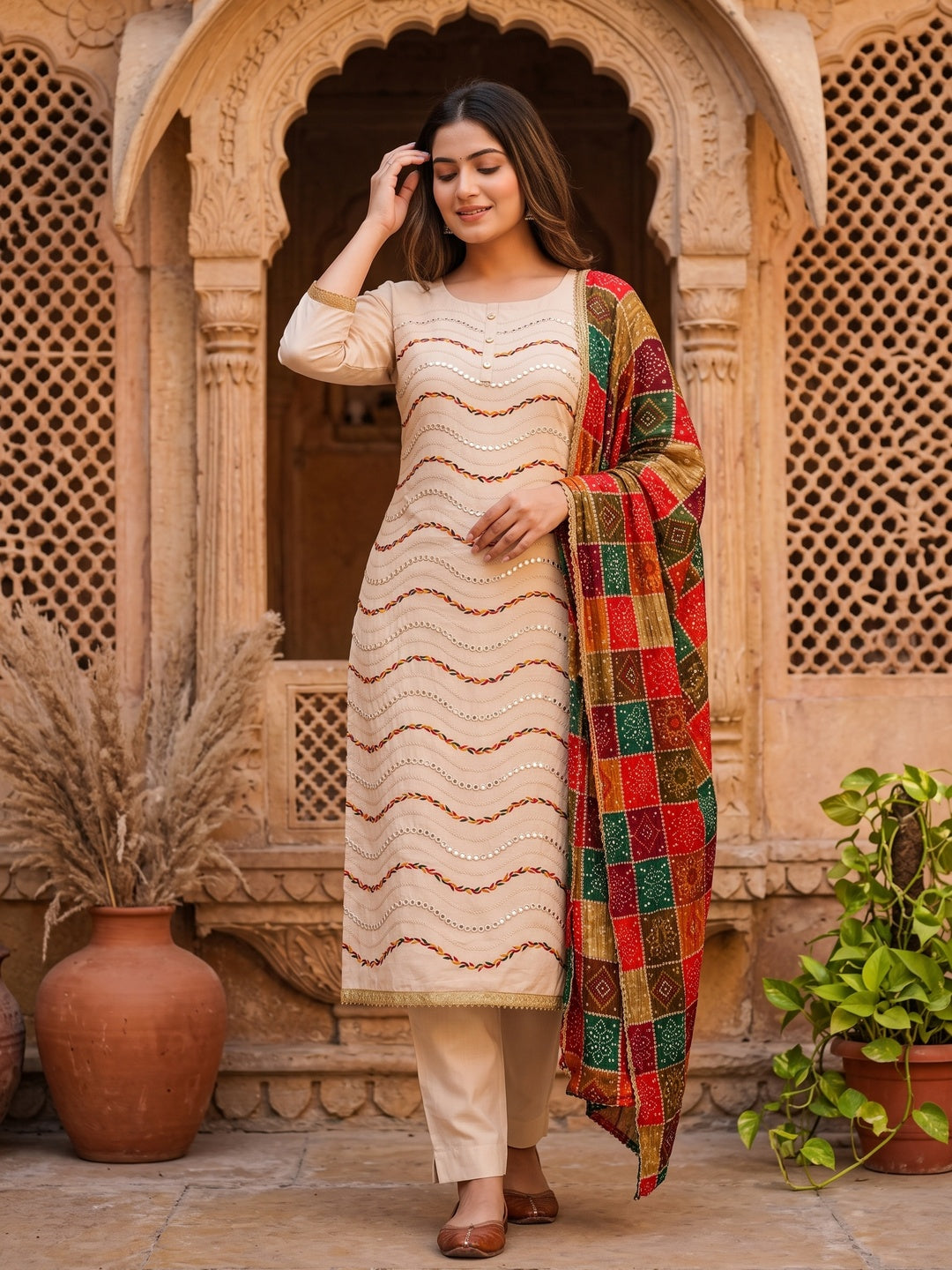 Cream Cotton Blend Dress Material With Intricate Thread Embroidery & Paper Mirror Work - Image 4