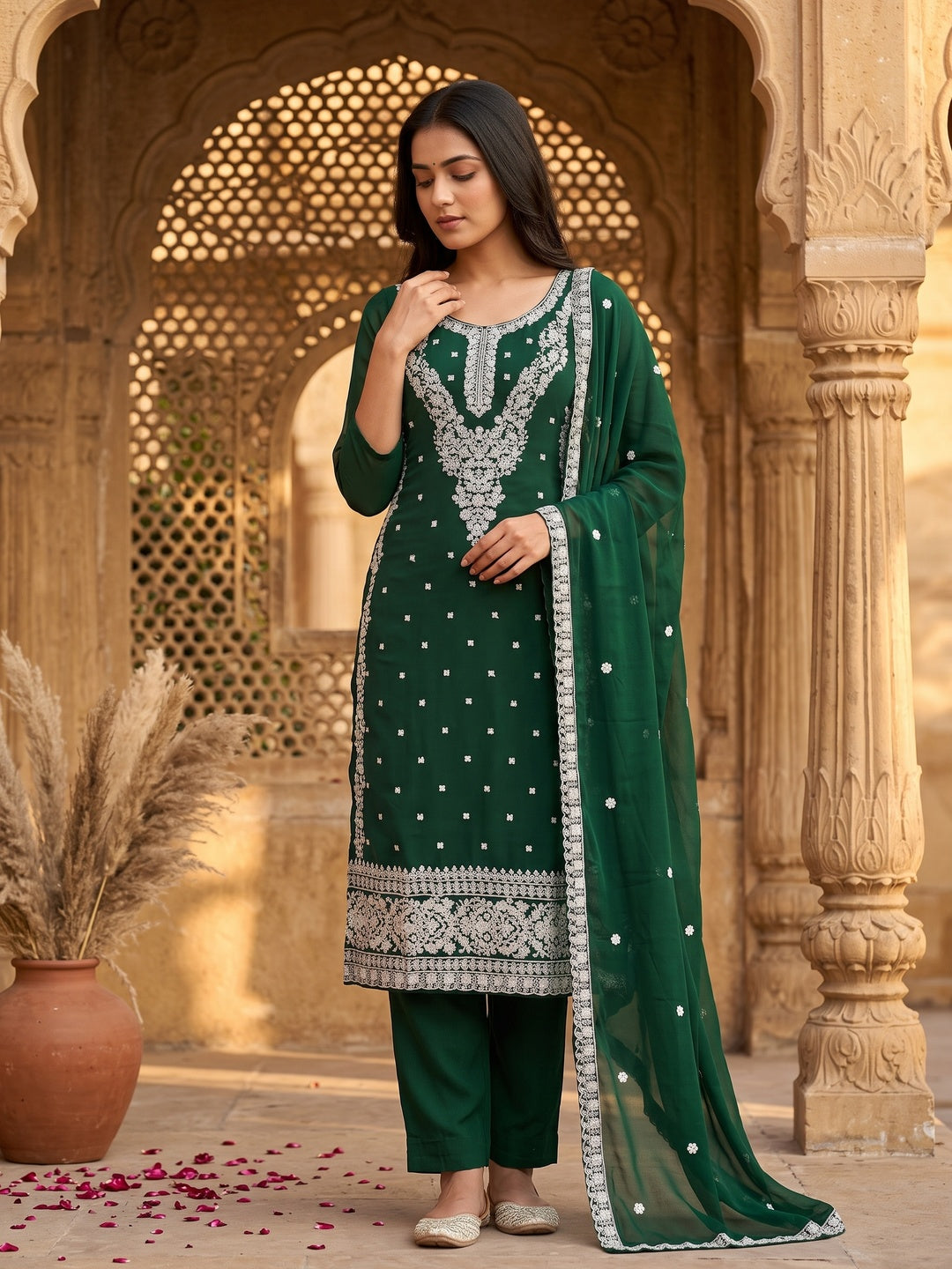Green Floral Embroidered Georgette Dress Material - Image 4