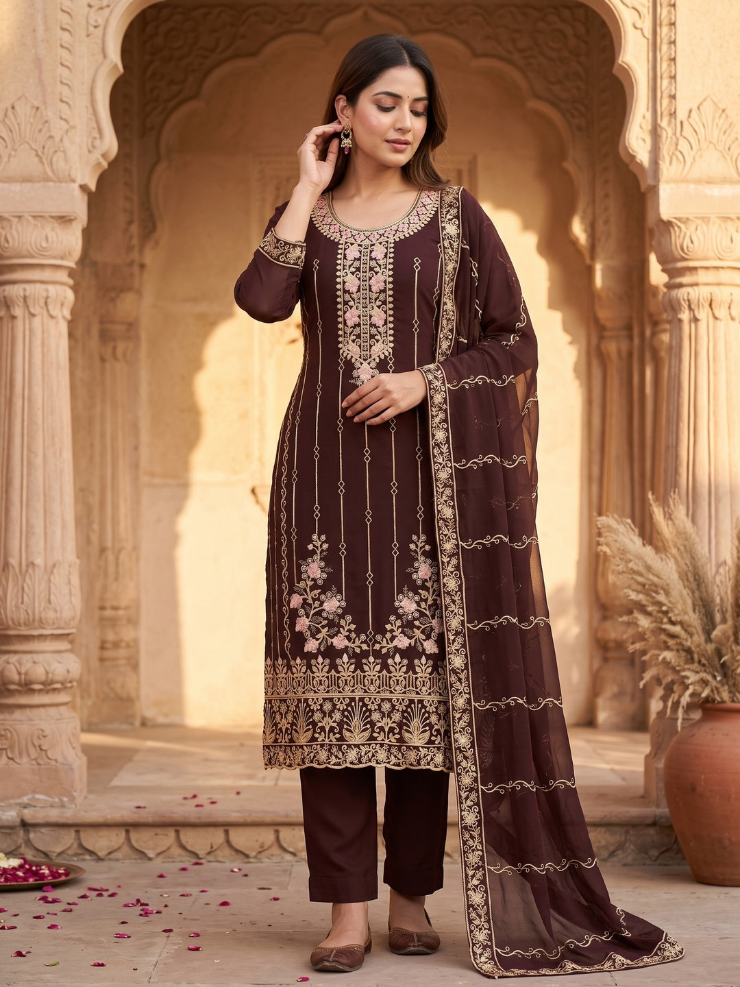 Dark Brown Embroidered Georgette Dress Material - Image 4
