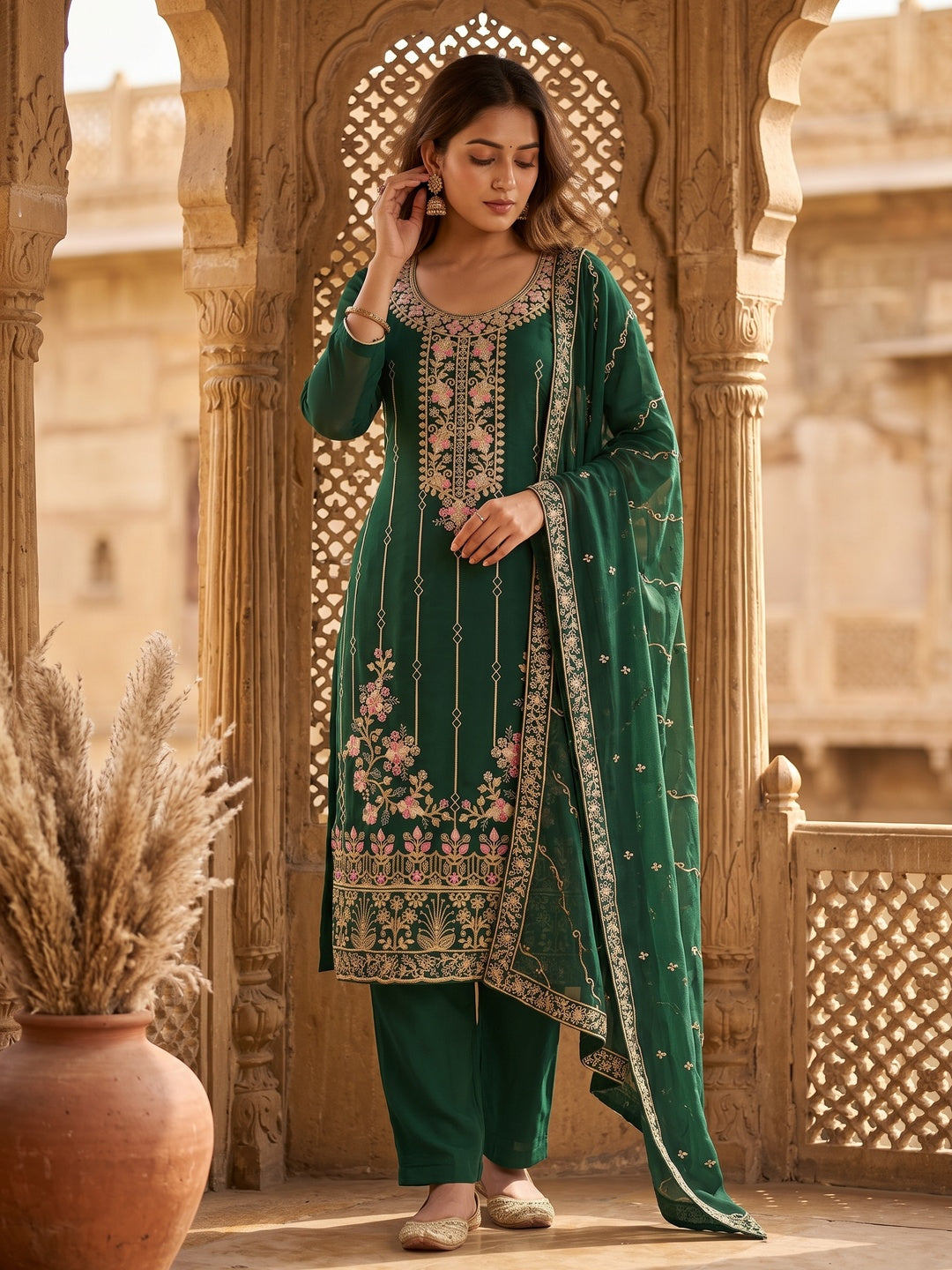 Green Embroidered Georgette Dress Material - Image 4