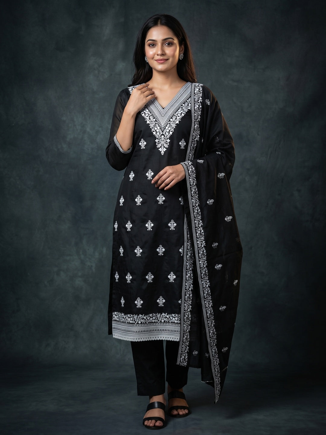 Traditional Black Chanderi Silk Suit Fabric with Embroidered Floral Patterns - Image 1