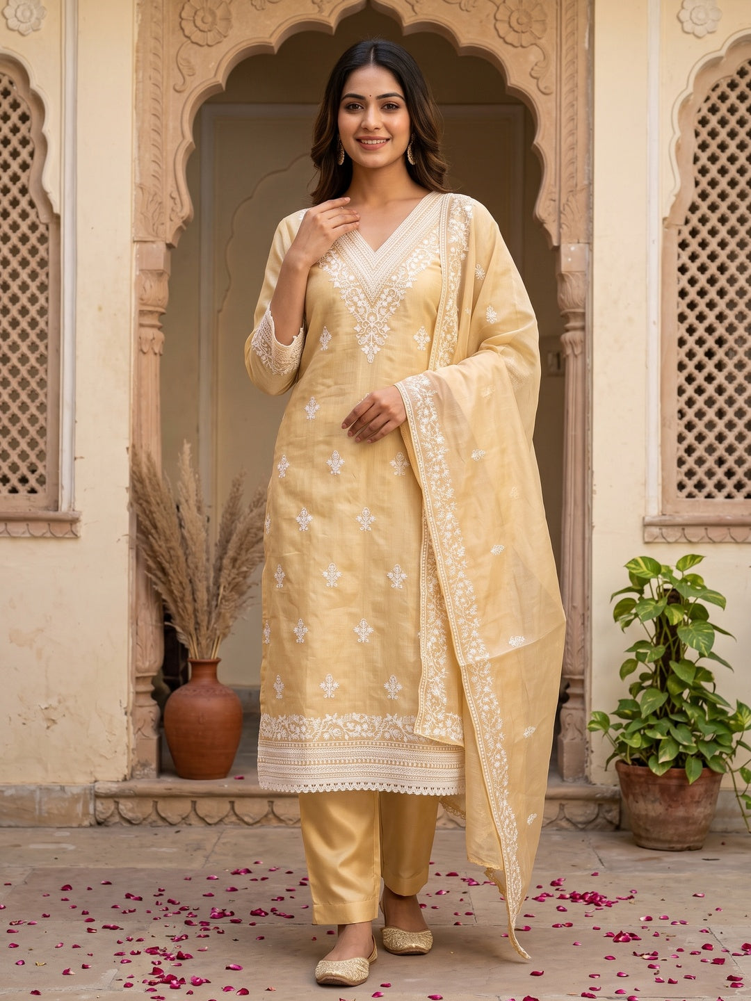 Traditional Yellow Chanderi Silk Suit Fabric with Embroidered Floral Patterns - Image 1