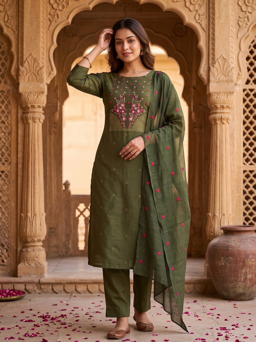 Green Floral Embroidered Cotton Blend Dress Material - Image 4
