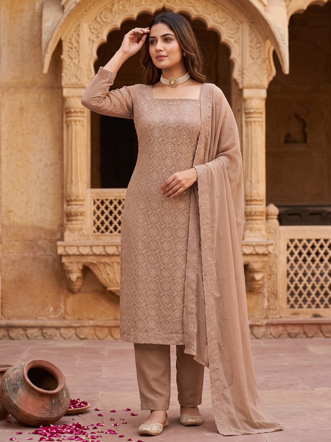 Stunning Brown Floral Embroidery With Sparkling Sequins Work Georgette Dress Material - Image 1