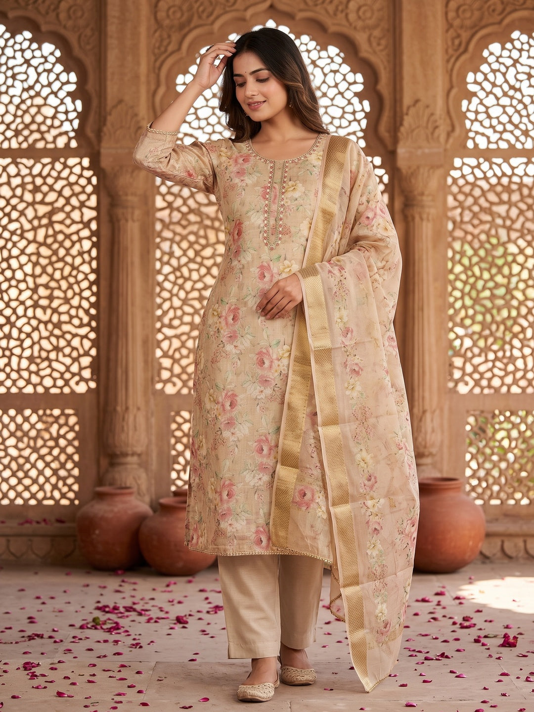 Beige Chanderi Silk Dress Material Showcasing Floral Prints with Subtle Beads Detailing - Image 1