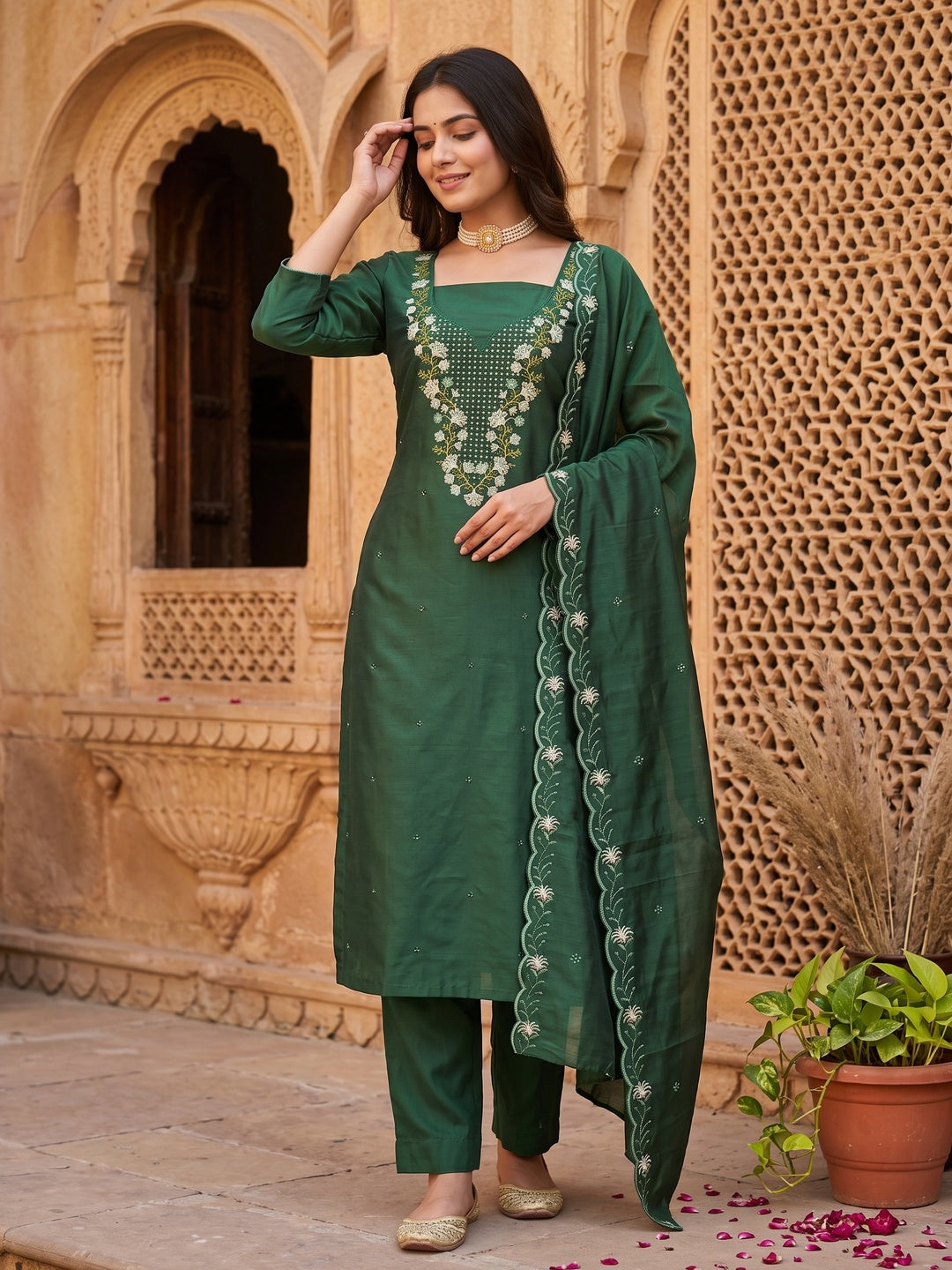 Green Floral Embroidered Art Silk Suit Material Ideal for Festive and Celebration Looks - Image 1