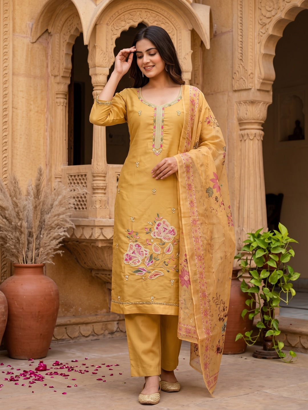 Mustard Embroidered Chanderi Silk Unstitched Dress Material with Delicate Beads Work - Image 1