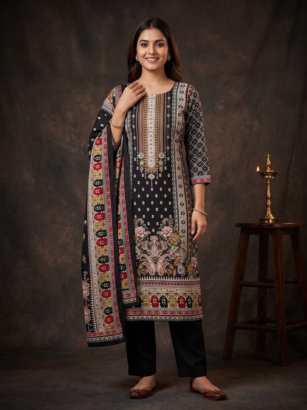 Black Floral Printed Rayon Dress Material Accented With Premium Swarovski Work - Image 1