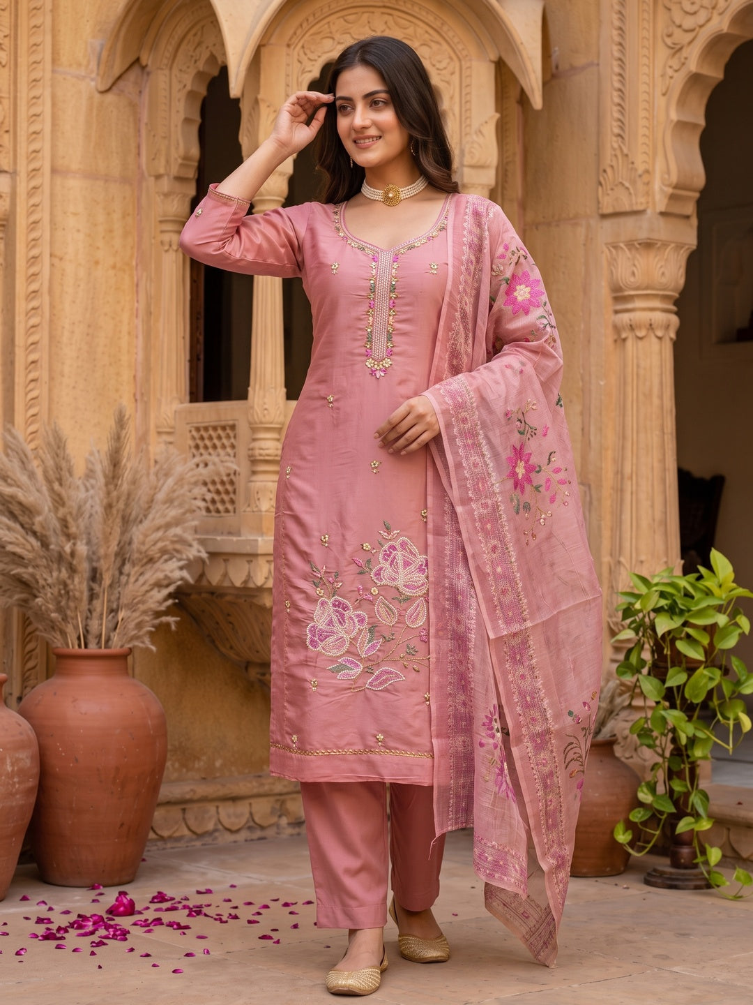 Rose Pink Embroidered Chanderi Silk Unstitched Dress Material with Delicate Beads Work - Image 1