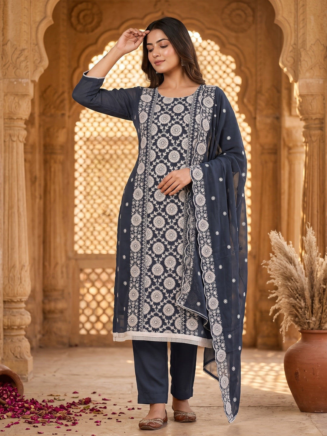 Classic Dark Grey Floral Thread Embroidered Georgette Dress Material With Timeless Appeal - Image 4