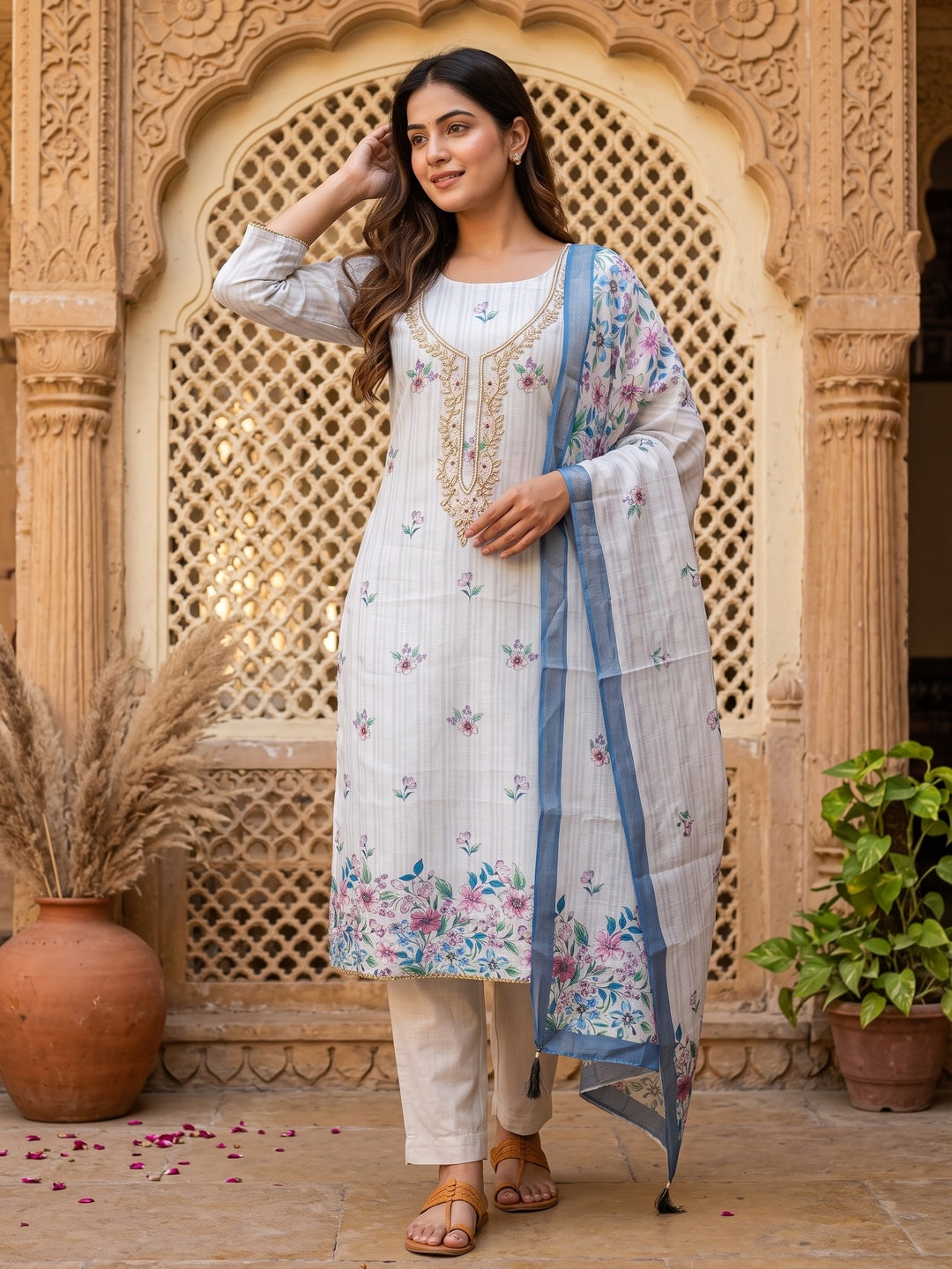 Peachmode Blue Linen Dress Material with Floral Print - Image 5