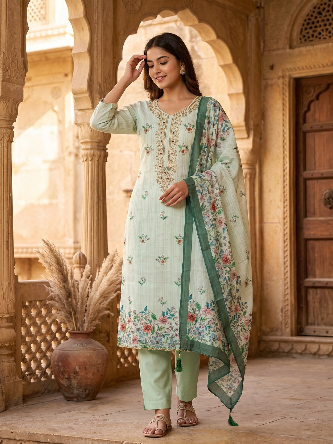 Peachmode Green Linen Dress Material with Floral Print - Image 5