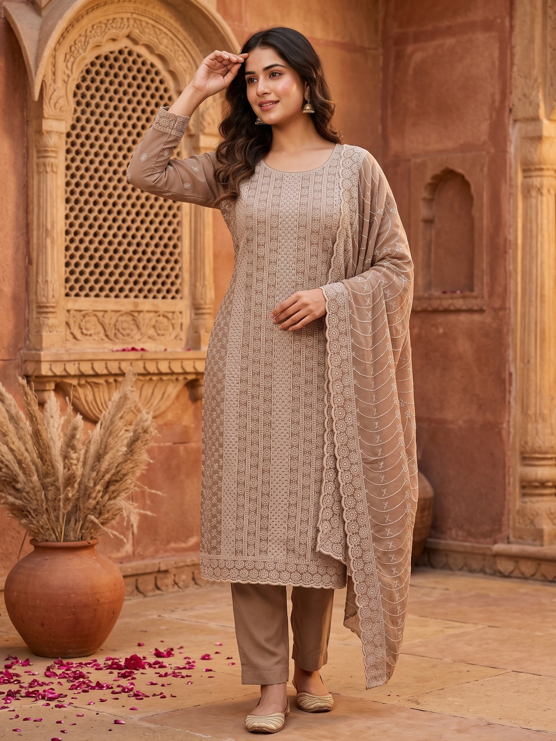 Elegant Brown Floral Thread Embroidered With Sequins Work Georgette Dress Material - Image 1