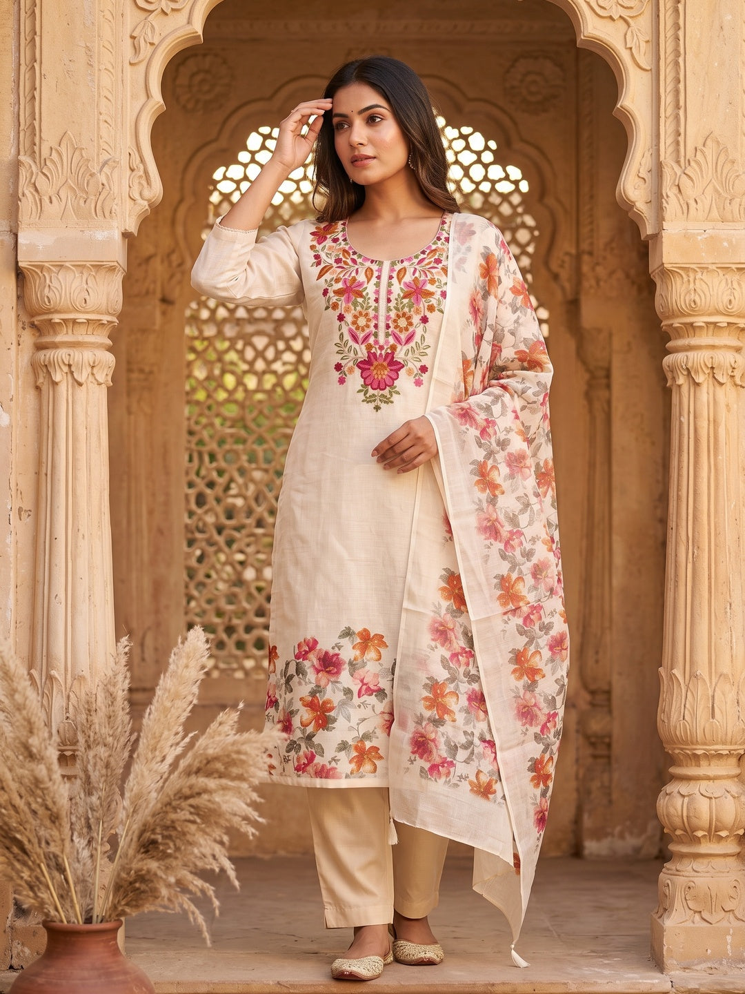 Peachmode Cream Linen Dress Material with Floral Embroidery - Image 6