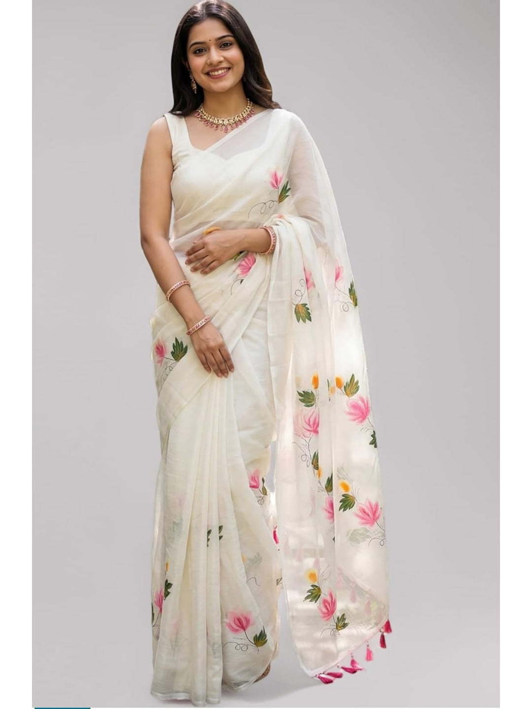 Peachmode White Floral Printed Linen Saree - Image 1