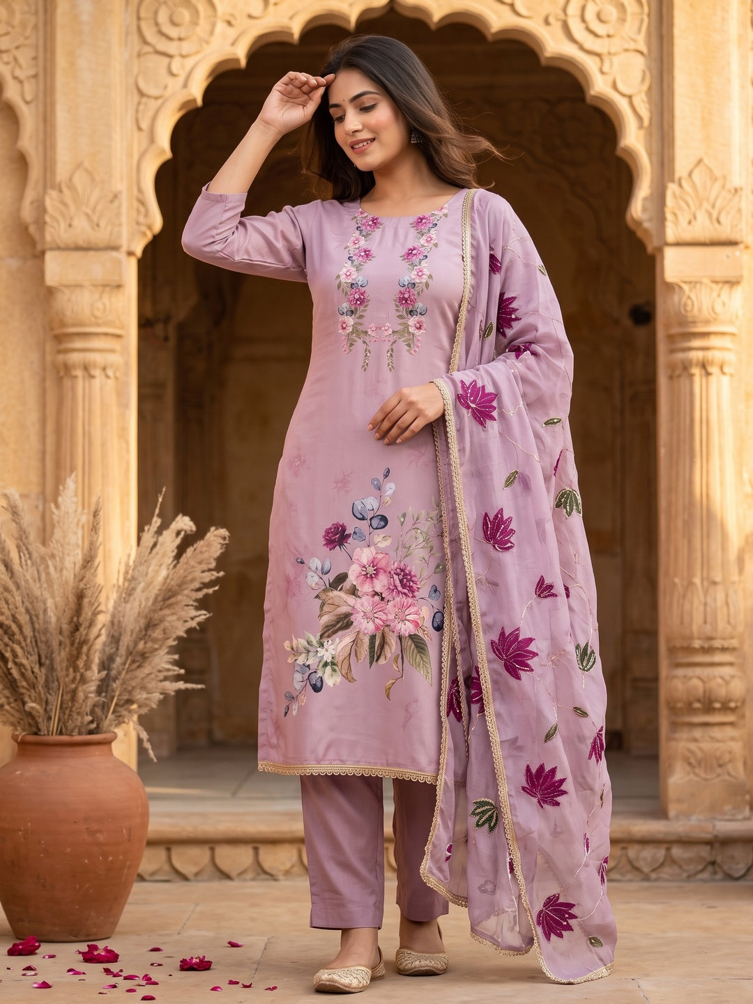 Dusty Mauve Rayon Fabric with Floral Print Dress Material - Image 1