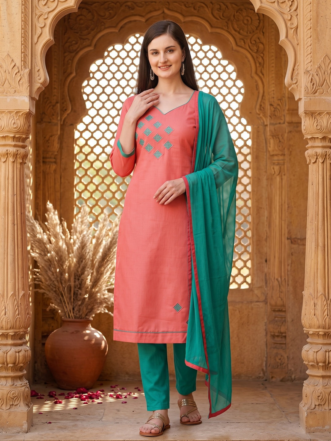 Exclusive Peach Coloured Embroidered Casual Wear Cotton Dress Material - Image 5