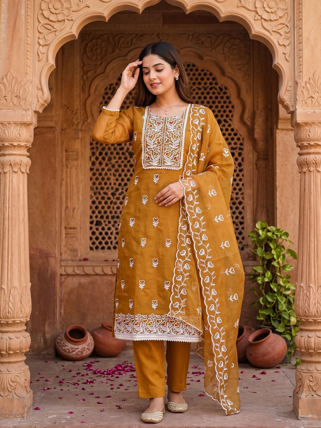 Mustard Organza Dress Material With Intricate Floral Embroidery Work - Image 1