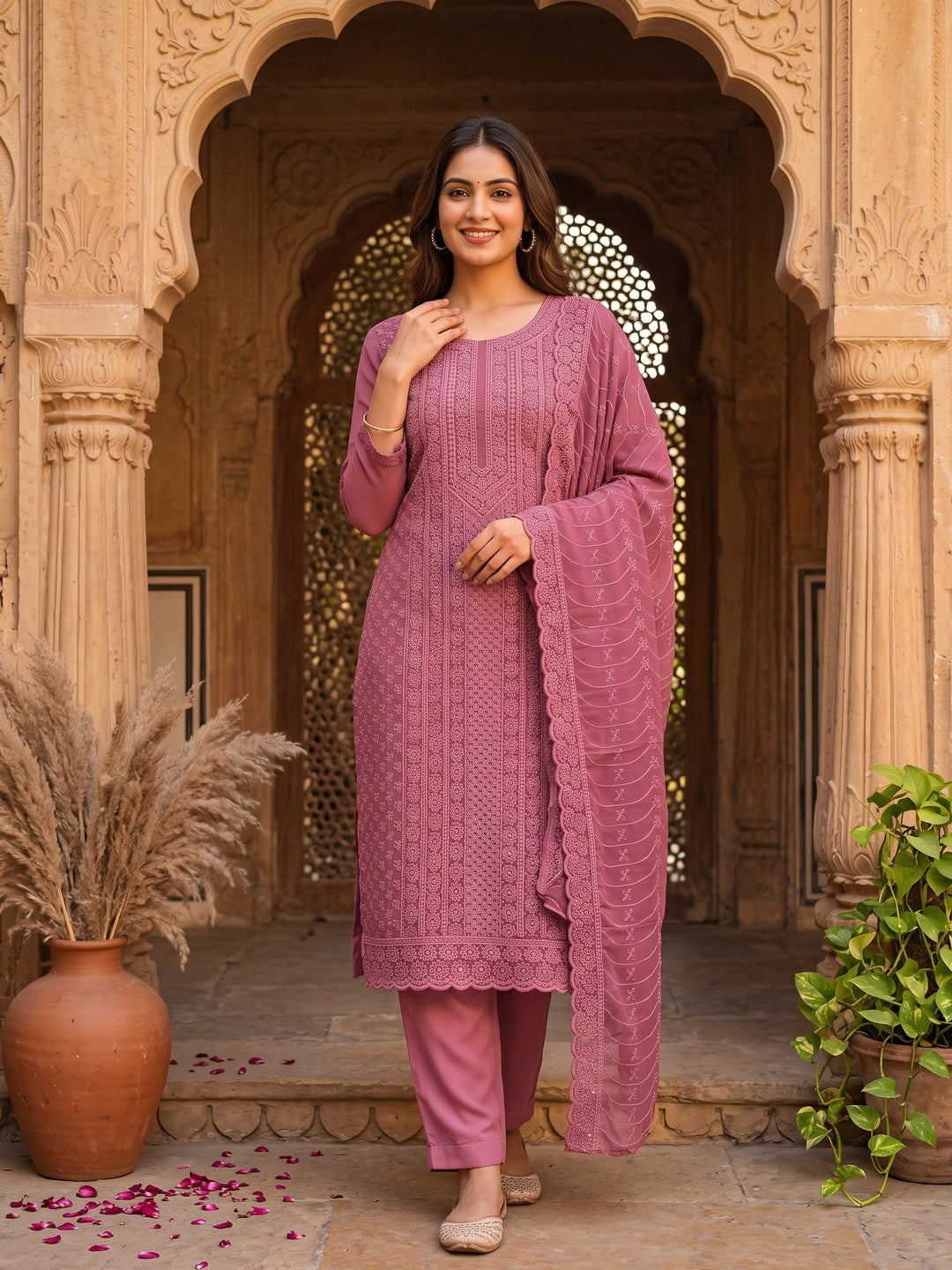 Elegant Mauve Floral Thread Embroidered With Sequins Work Georgette Dress Material - Image 1