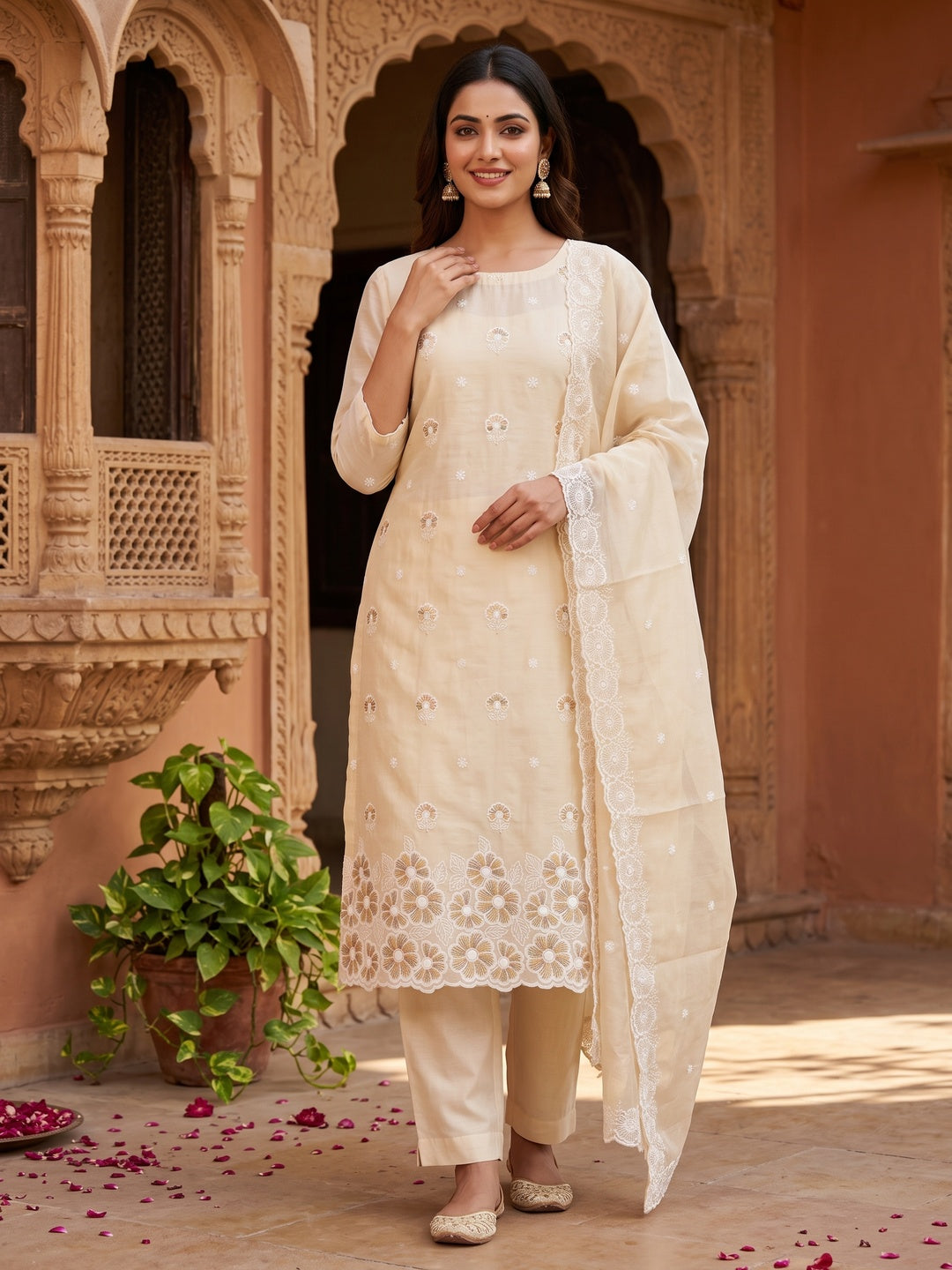 Elegant Cream Floral Thread Embroidered Chanderi Silk Dress Material - Image 5