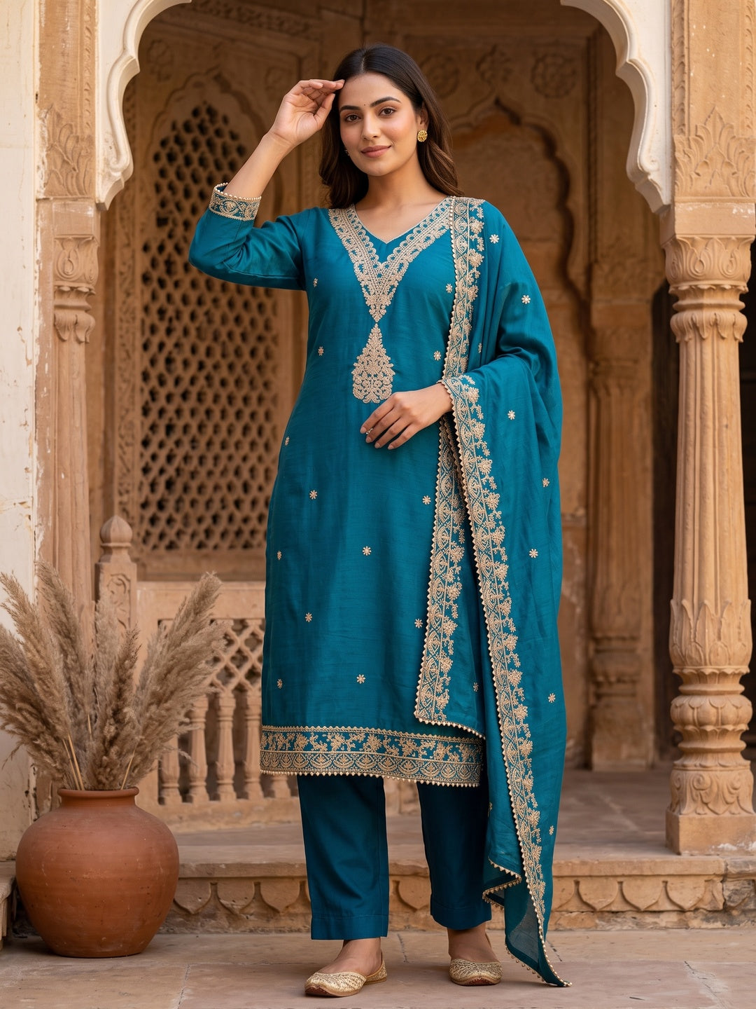 Blue Vichitra Silk Dress Material Adorned With Floral Cording Embroidery & Sparkling Sequins Work - Image 1