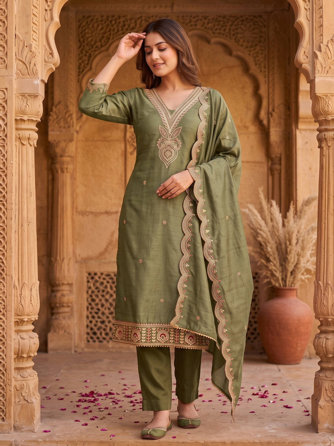 Green Floral Embroidered Vichitra Silk Dress Material Enhanced With Detailed Cording & Sequins Work - Image 1