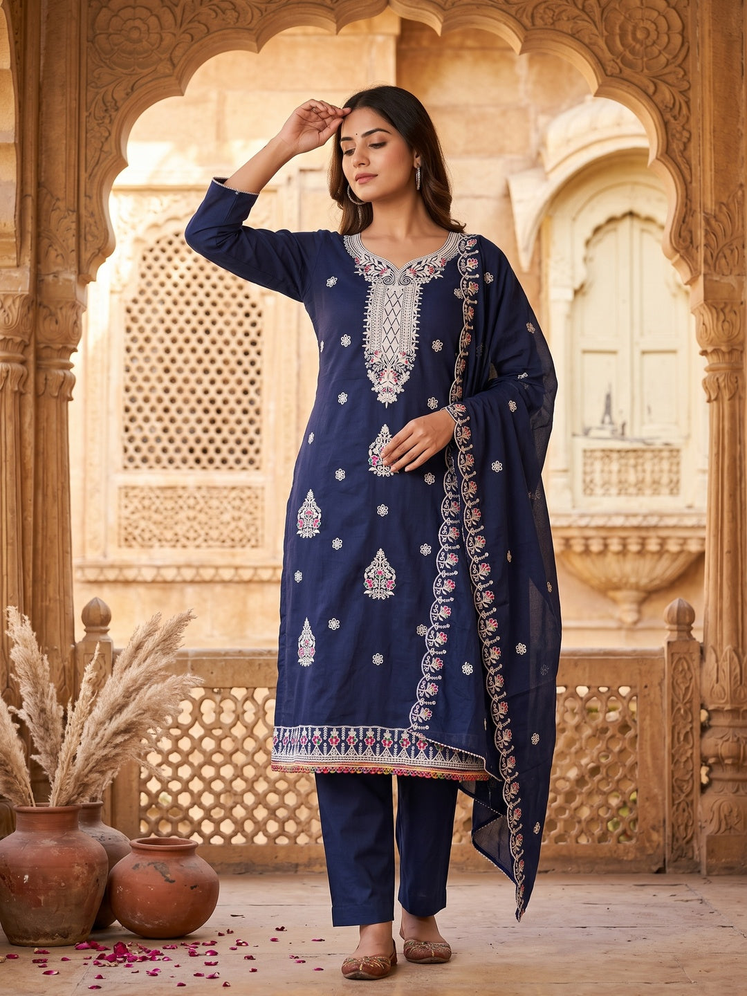 Navy Blue Cambric Cotton Dress Material With Elegant Floral Embroidery Work - Image 1