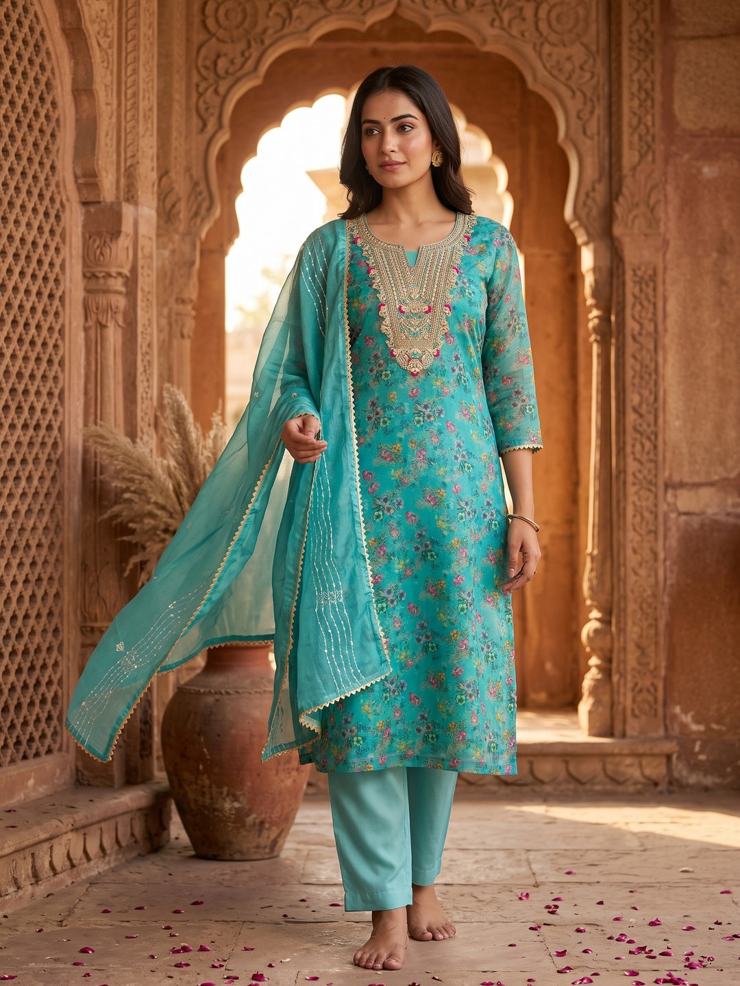 Classic Turquoise Floral Digital Printed Organza Dress Material With Designer Cording Embroidery - Image 5