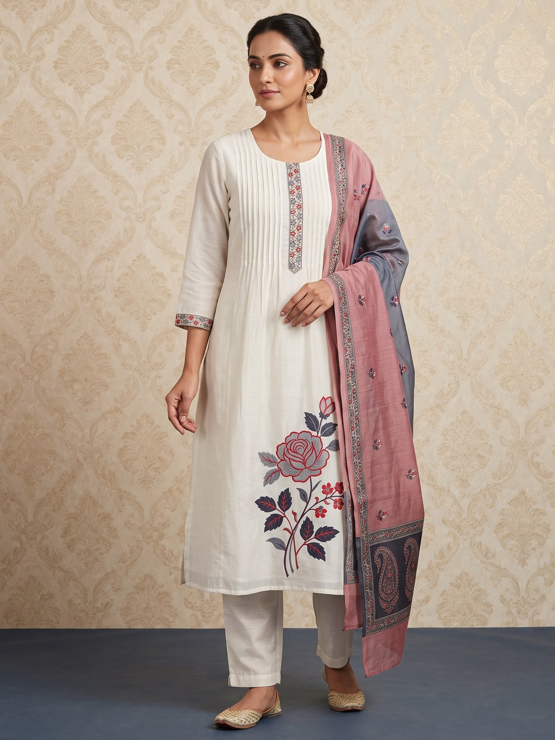 Peachmode Off White Chanderi Floral Embroidered Salwar Suit Set - Image 1