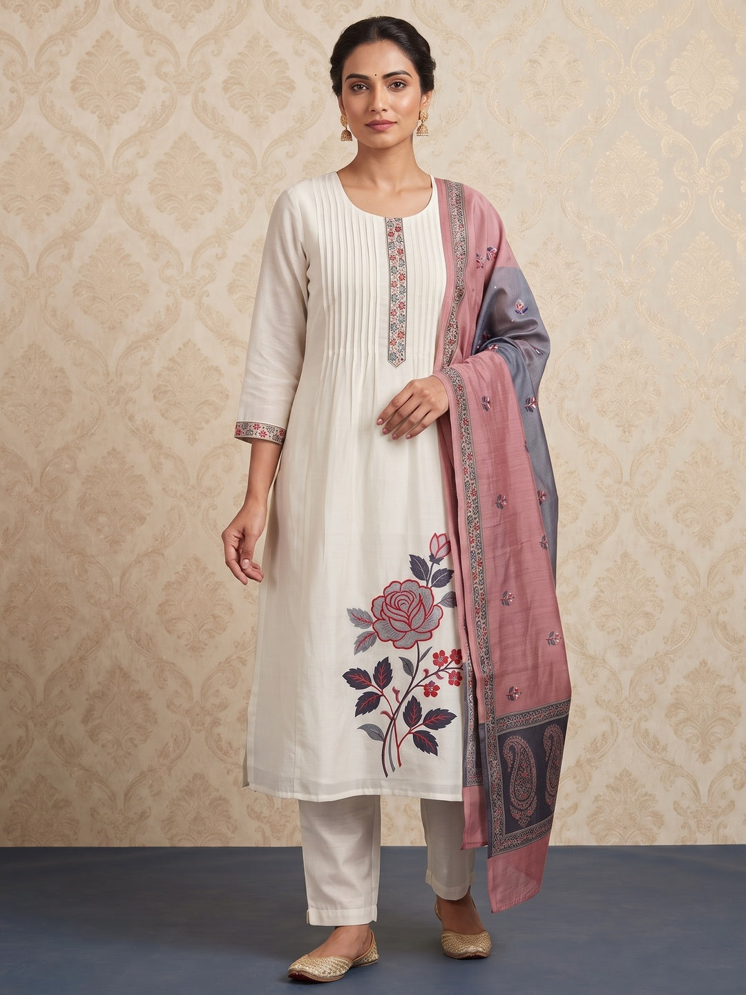 Peachmode Off White Chanderi Floral Embroidered Salwar Suit Set - Image 2
