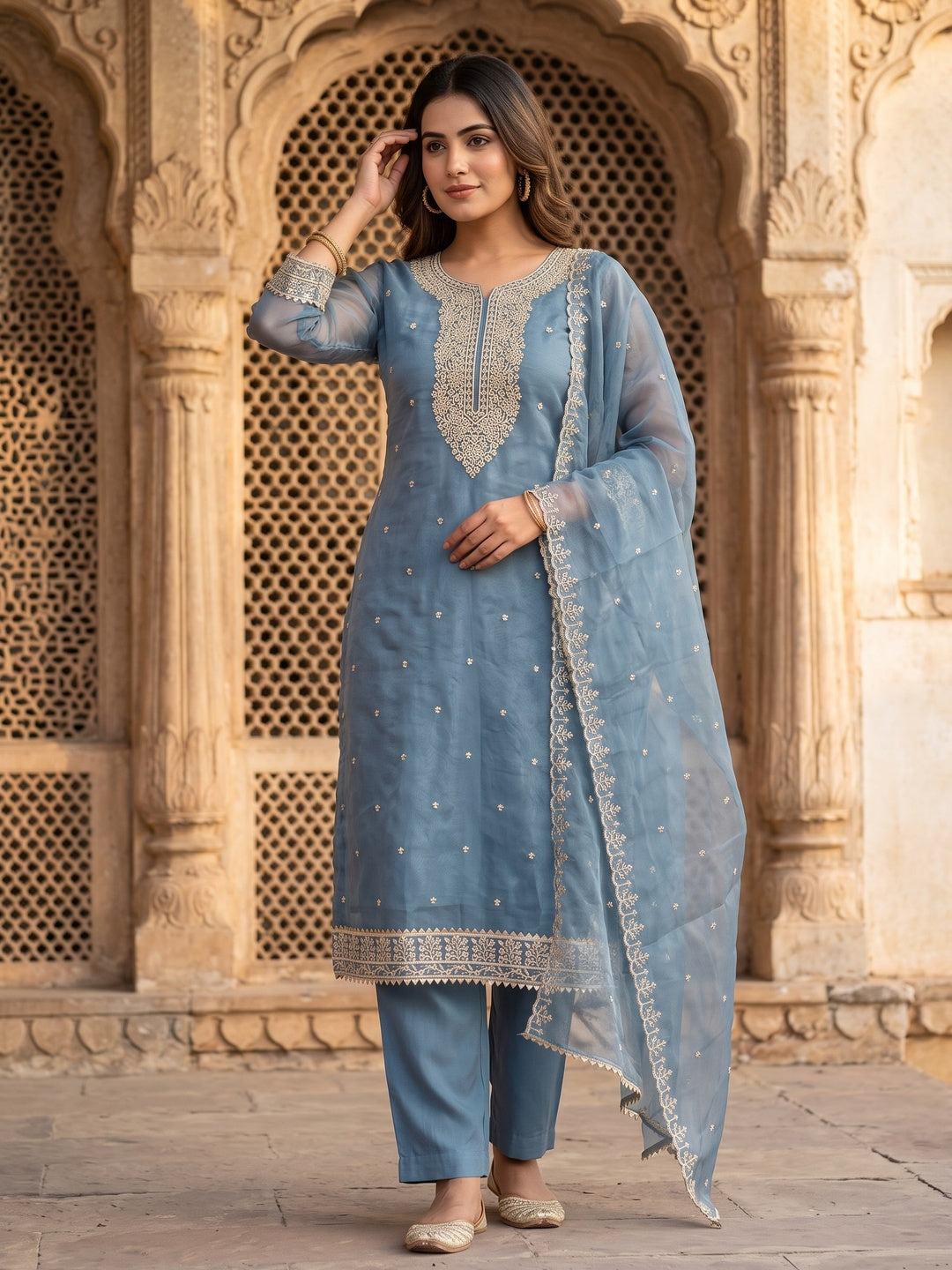 Blue Designer Suit Material in Sheer Twill Net with Thread Embroidered Patterns - Image 1