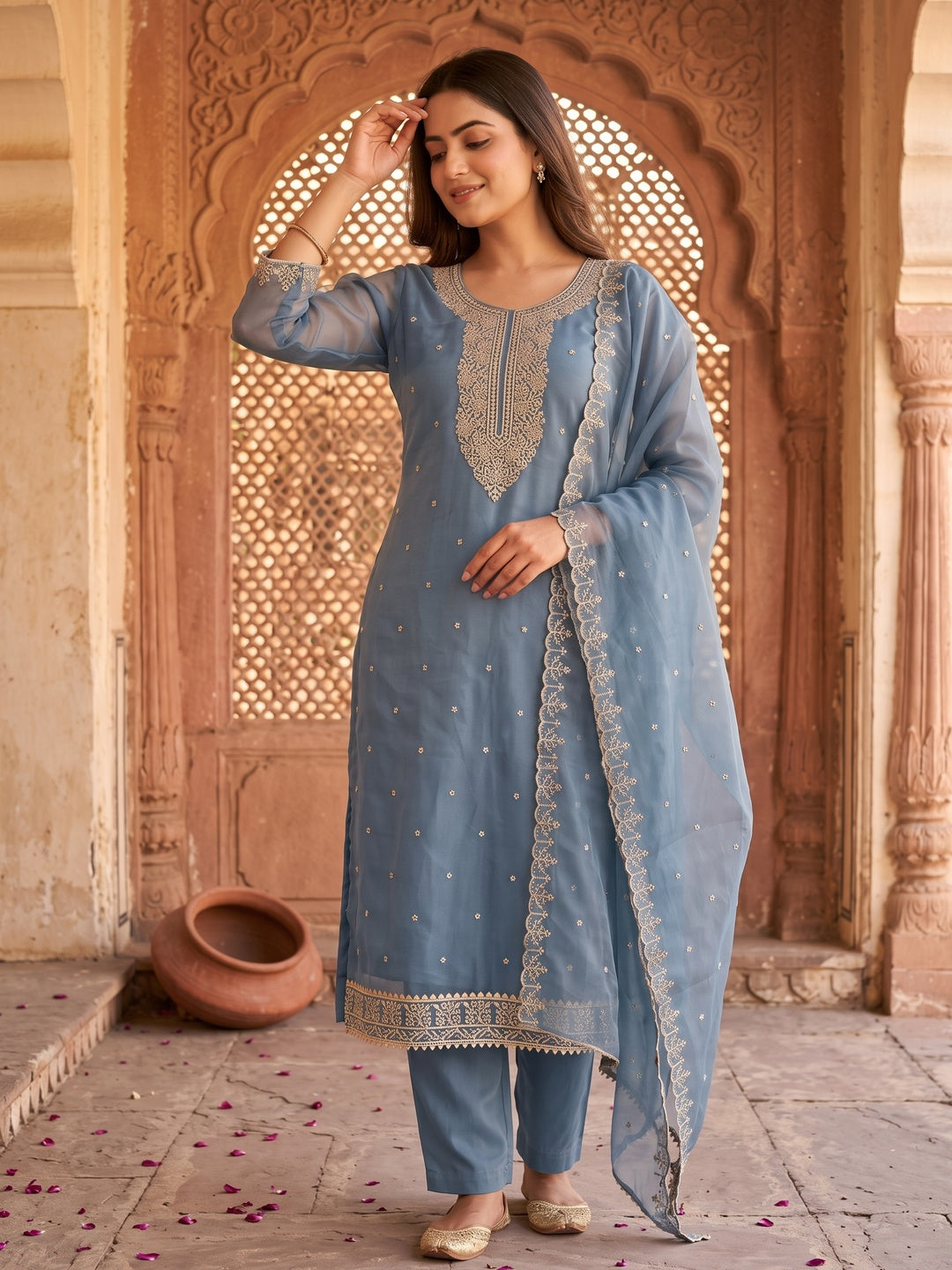 Blue Designer Suit Material in Sheer Twill Net with Thread Embroidered Patterns - Image 2