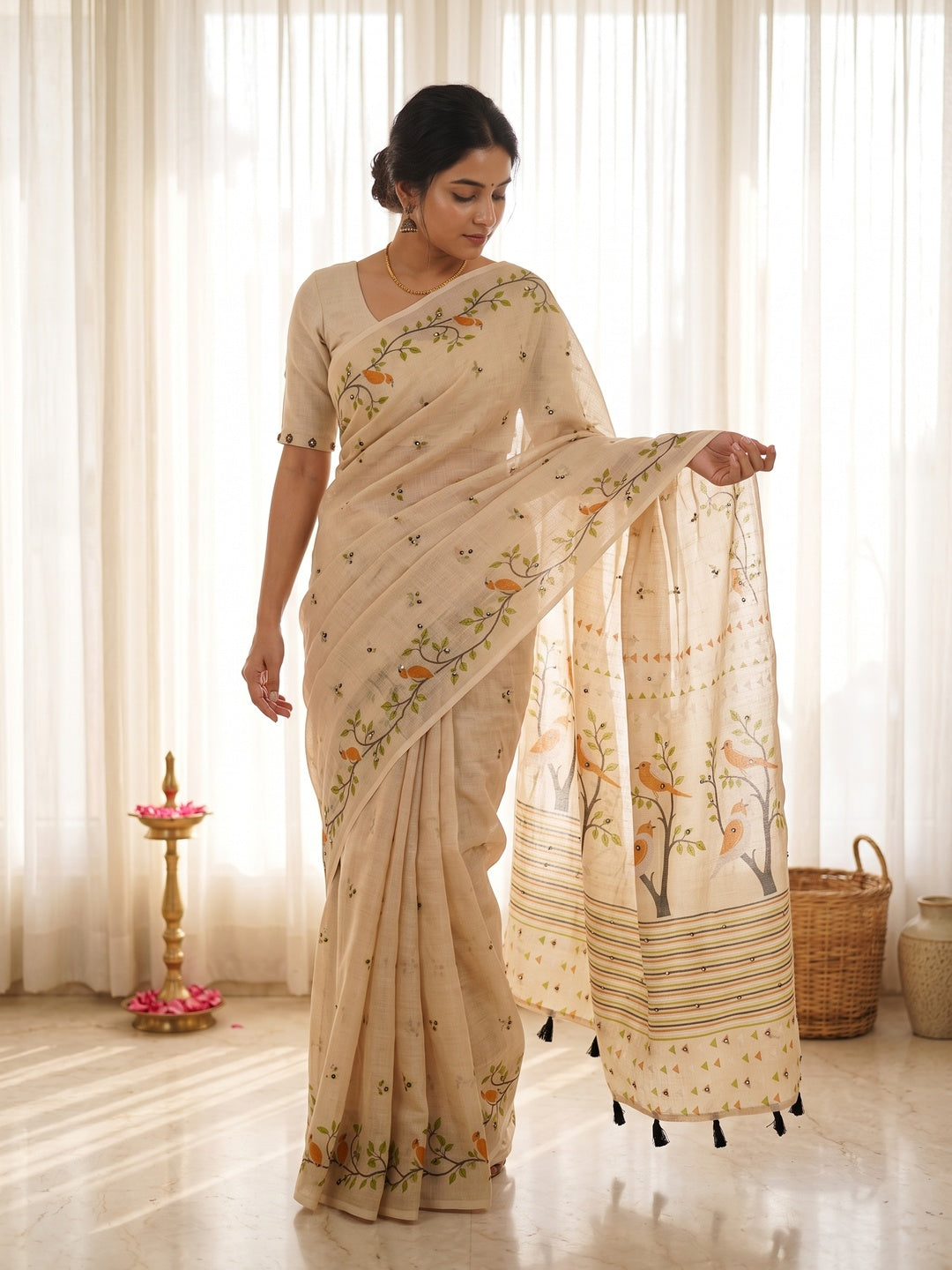 Stylish Cream Linen Saree with Multicolor Printed Motifs Minimal Elegant Look - Image 6