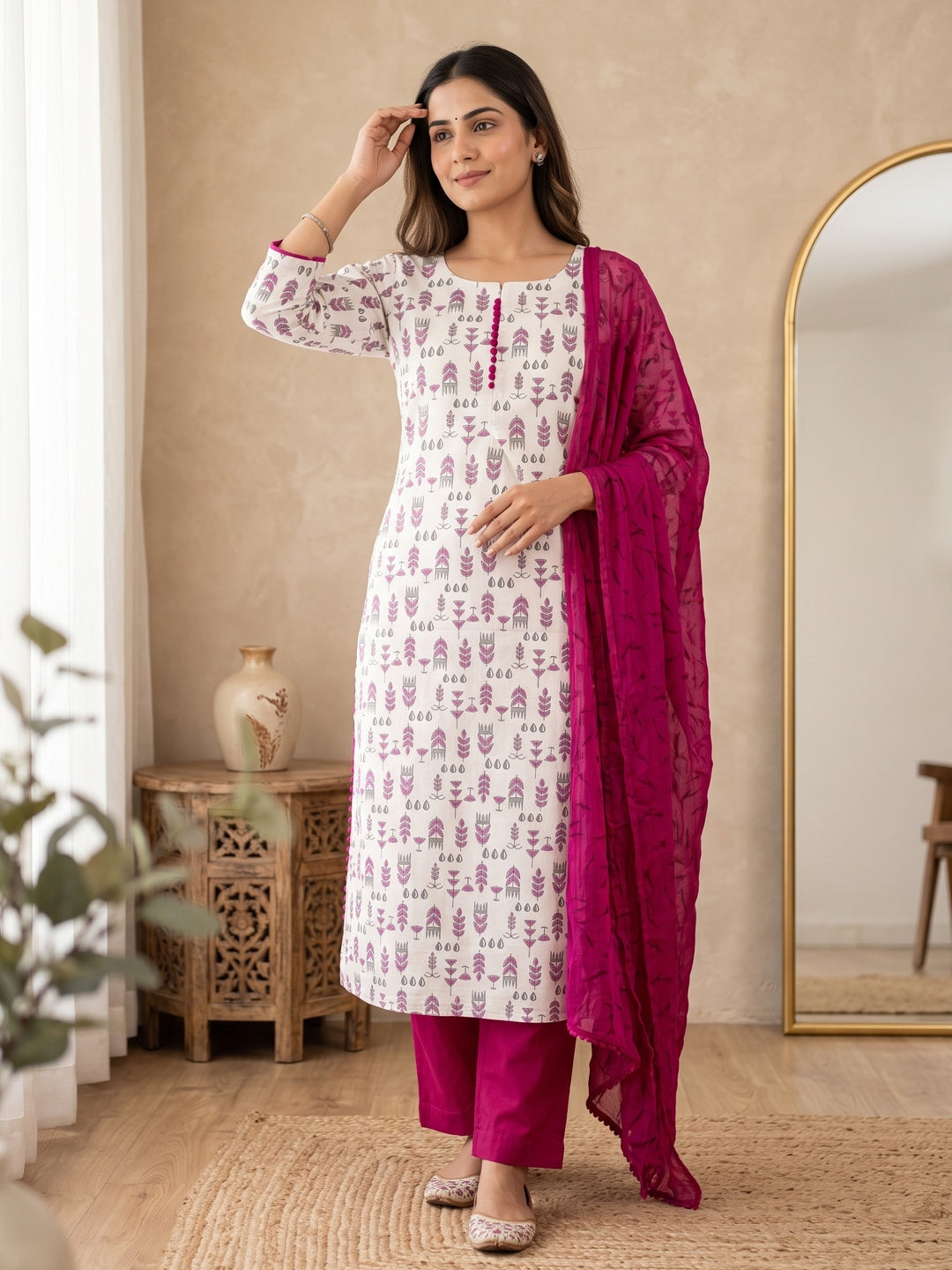 White & Rani Pink Floral Printed Cotton Blend Dress Material - Image 5