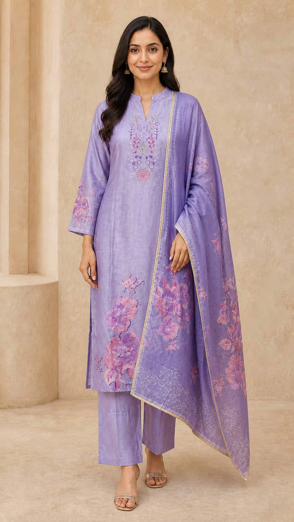 Peachmode Lavender Guji Silk Floral Embroidered Salwar Suit Set - Image 2