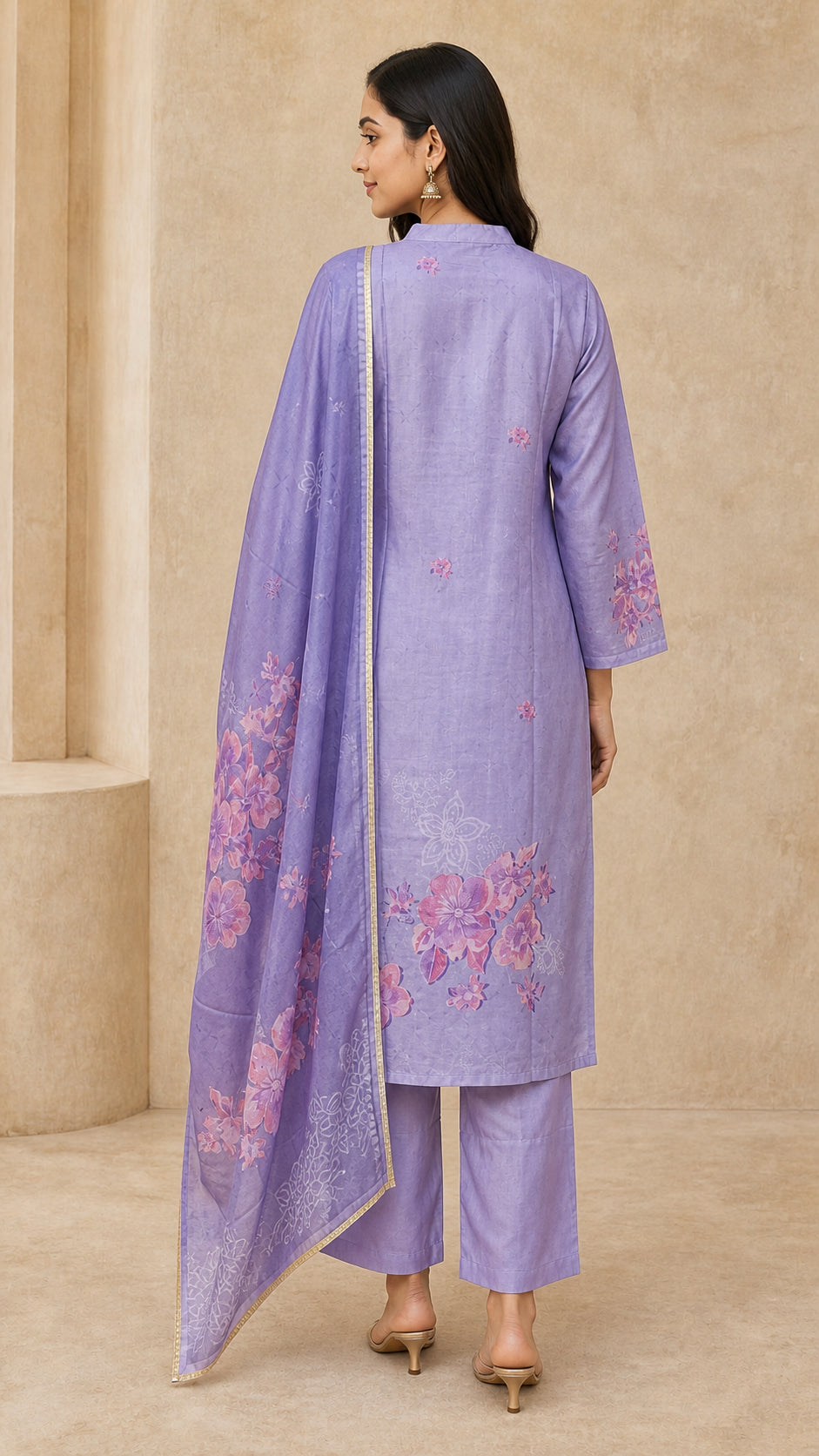 Peachmode Lavender Guji Silk Floral Embroidered Salwar Suit Set - Image 4