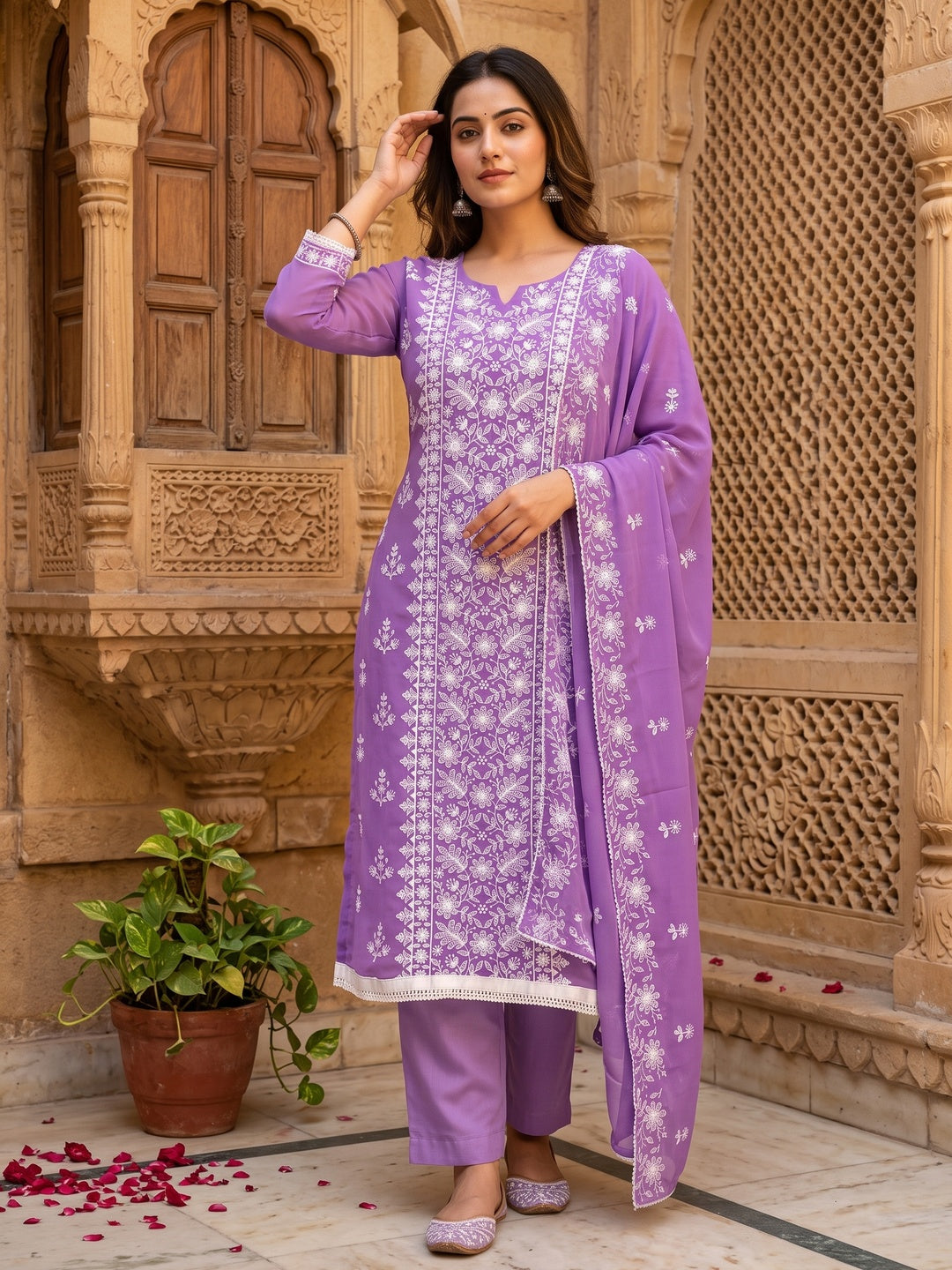 Lavender Floral Embroidered Georgette Dress Material - Image 5