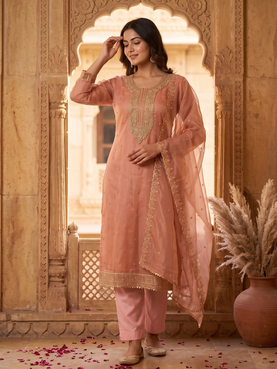 Peach Designer Suit Material in Sheer Twill Net with Thread Embroidered Patterns - Image 2