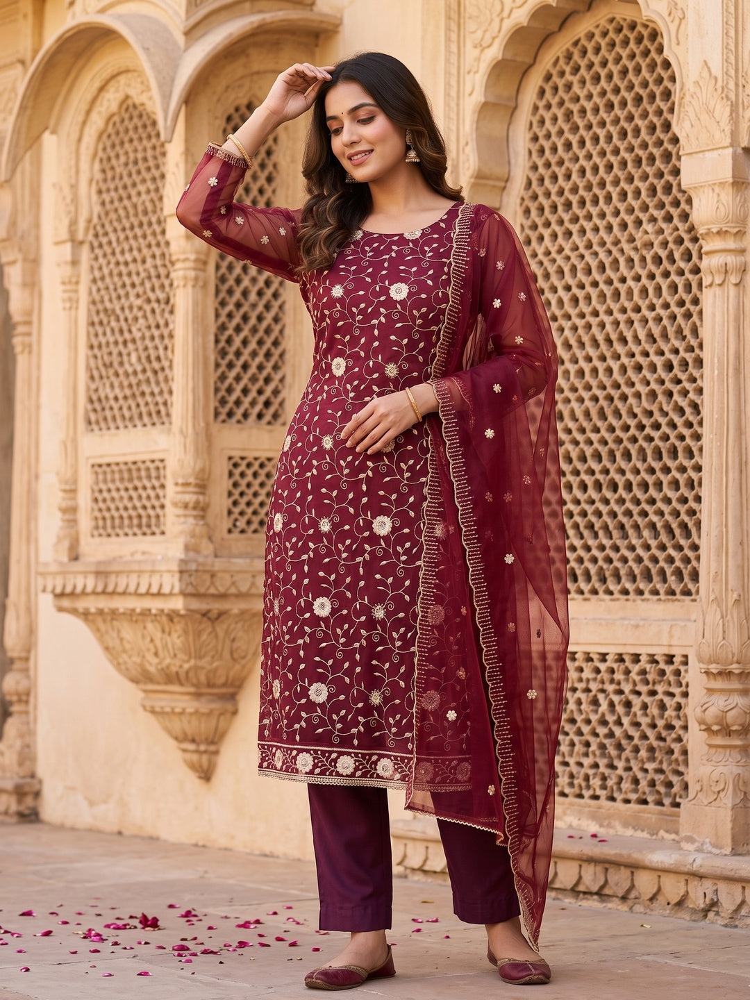 Maroon Unstitched Suit Material with Fine Floral Embroidery on Sheer Twill Net - Image 1