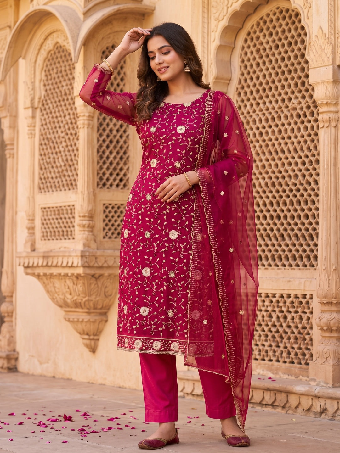 Pink Unstitched Suit Material with Fine Floral Embroidery on Sheer Twill Net - Image 1