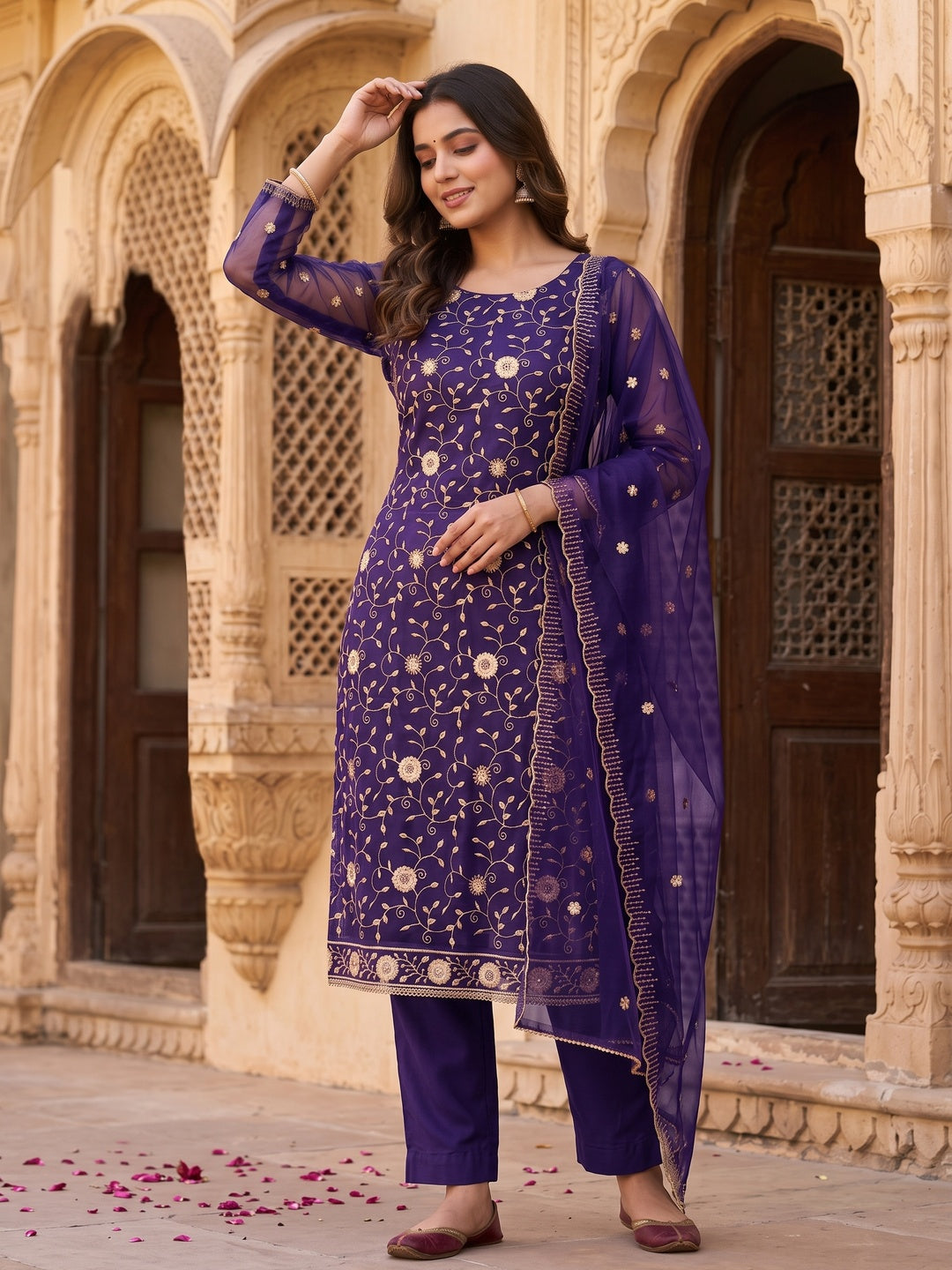 Royal Purple Unstitched Suit Material with Fine Floral Embroidery on Sheer Twill Net - Image 1